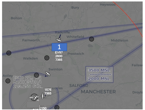 Map showing the position of the aircraft over Bury