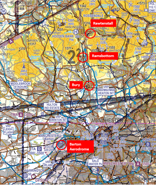 Map showing route from Barton to Rawtenstall via Bury and Ramsbottom