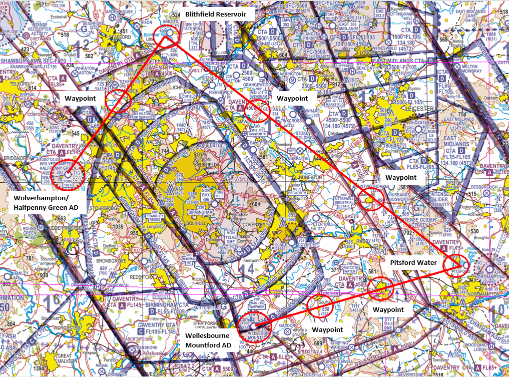Figure 2: Route planned on a VFR 1:500,000 chart.