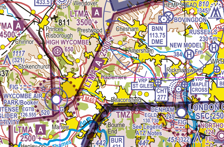 Chart showing that the base of the London Terminal Control Area (LTMA) is 2,500 feet 