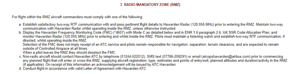 Figure 4 – Hawarden RMZ procedures published in the UK AIP. Information correct as of AIRAC 08/2024. This screenshot should not be used for flight planning. You must refer to the most recent AIP entry and any relevant NOTAM prior to flight.