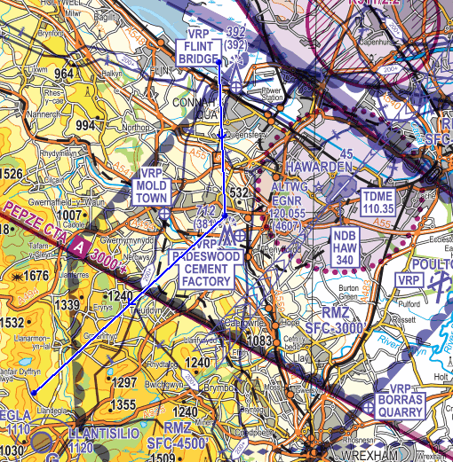 Figure 2: Approximate track of the aircraft through the RMZ represented on the CAA/NATS 1:250,000 Central England and Wales chart (Edition 15, 2023).