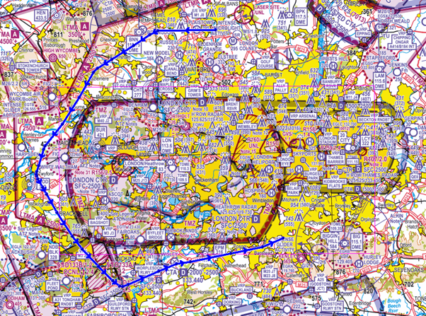 Figure 2: Route flown represented on the CAA/NATS 1:500,000 South – Ed.51 